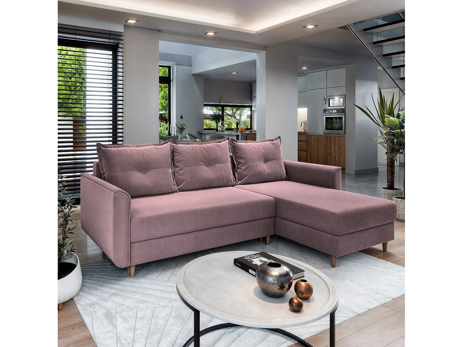 Canapé d'angle PISAN Rose poudré en peluche avec fonction de couchage