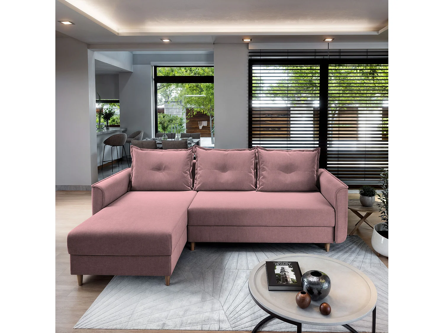 Canapé d'angle PISAN Rose poudré en peluche avec fonction de couchage