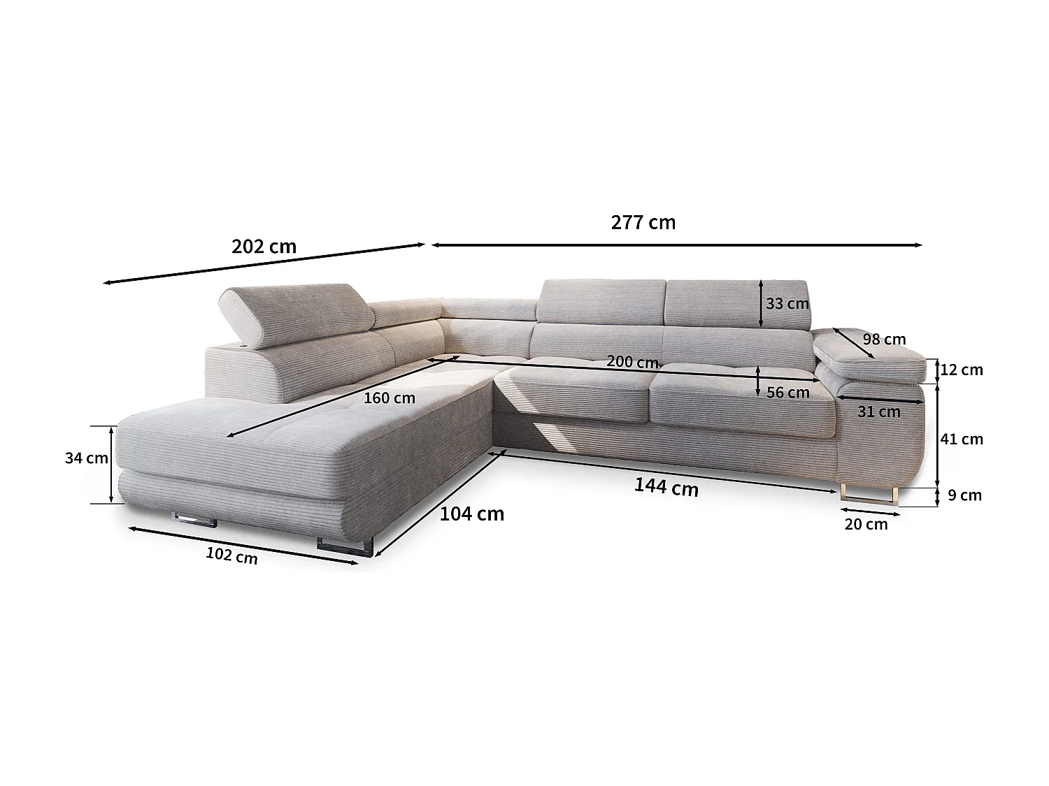 Canapé d'angle APIRO Crème en velours côtelé avec fonction de couchage