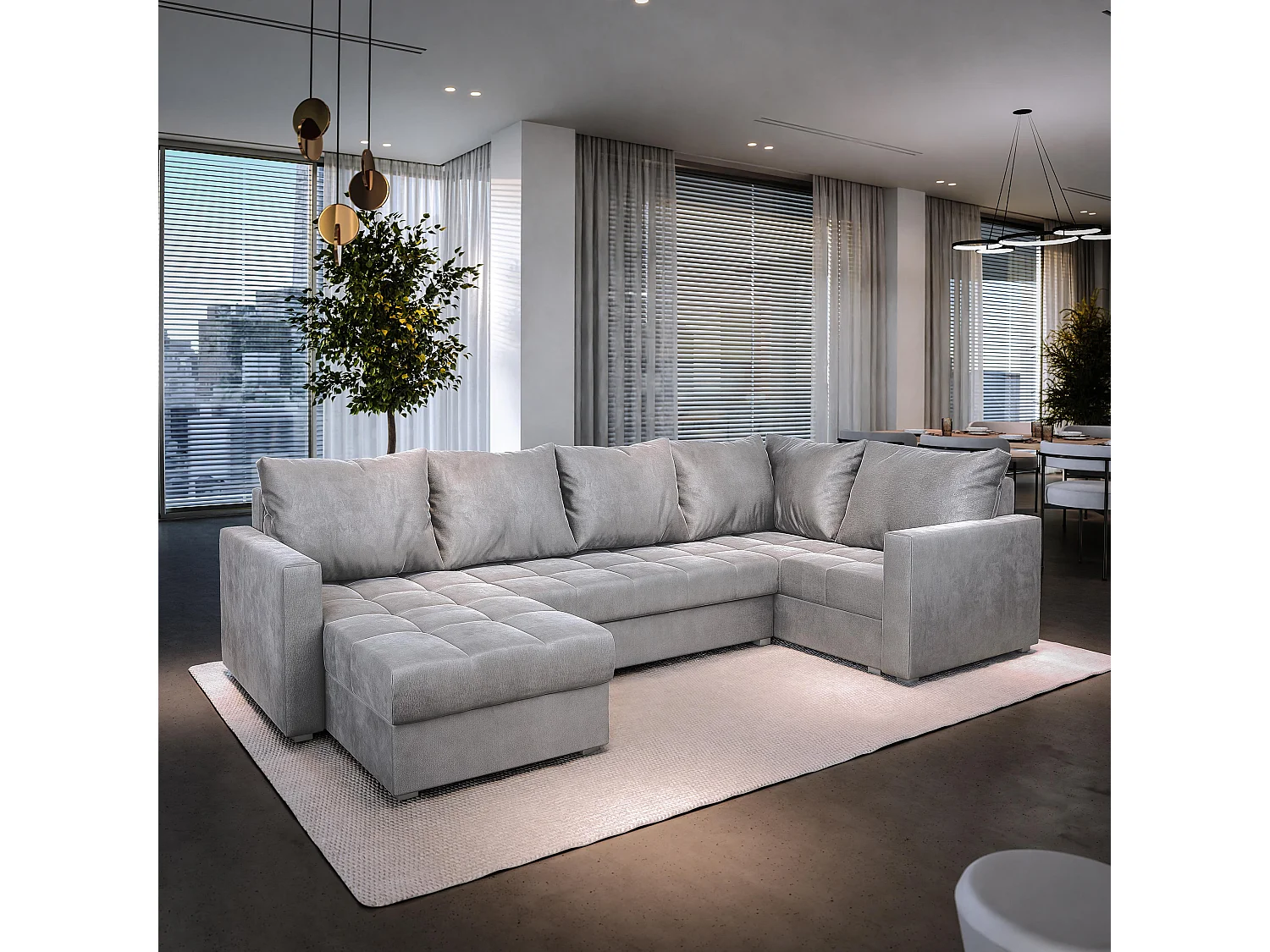 Canapé d'angle LORIVO Gris clair en peluche avec fonction de couchage