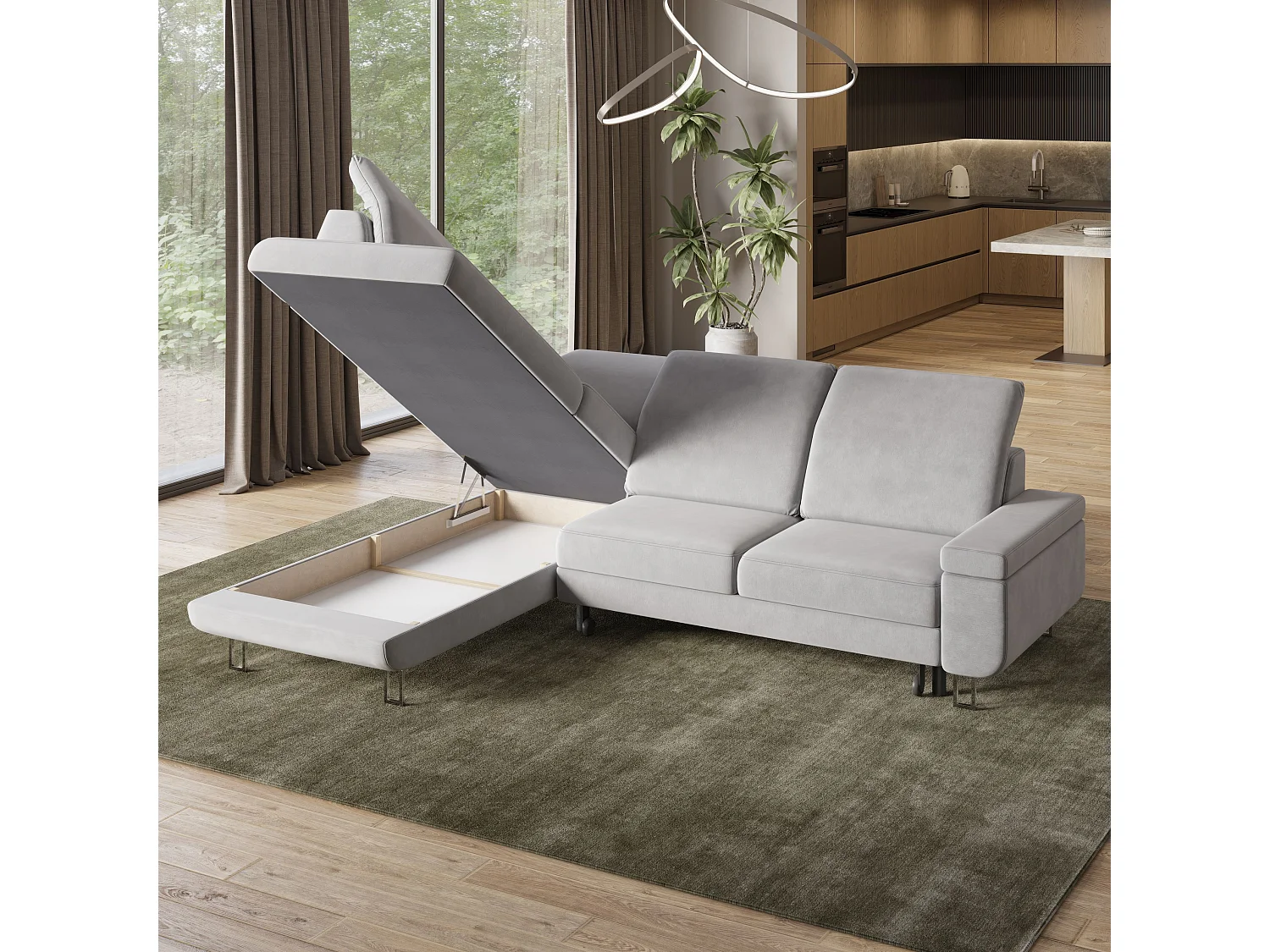 Canapé d'angle LERMA Gris en velours avec fonction de couchage