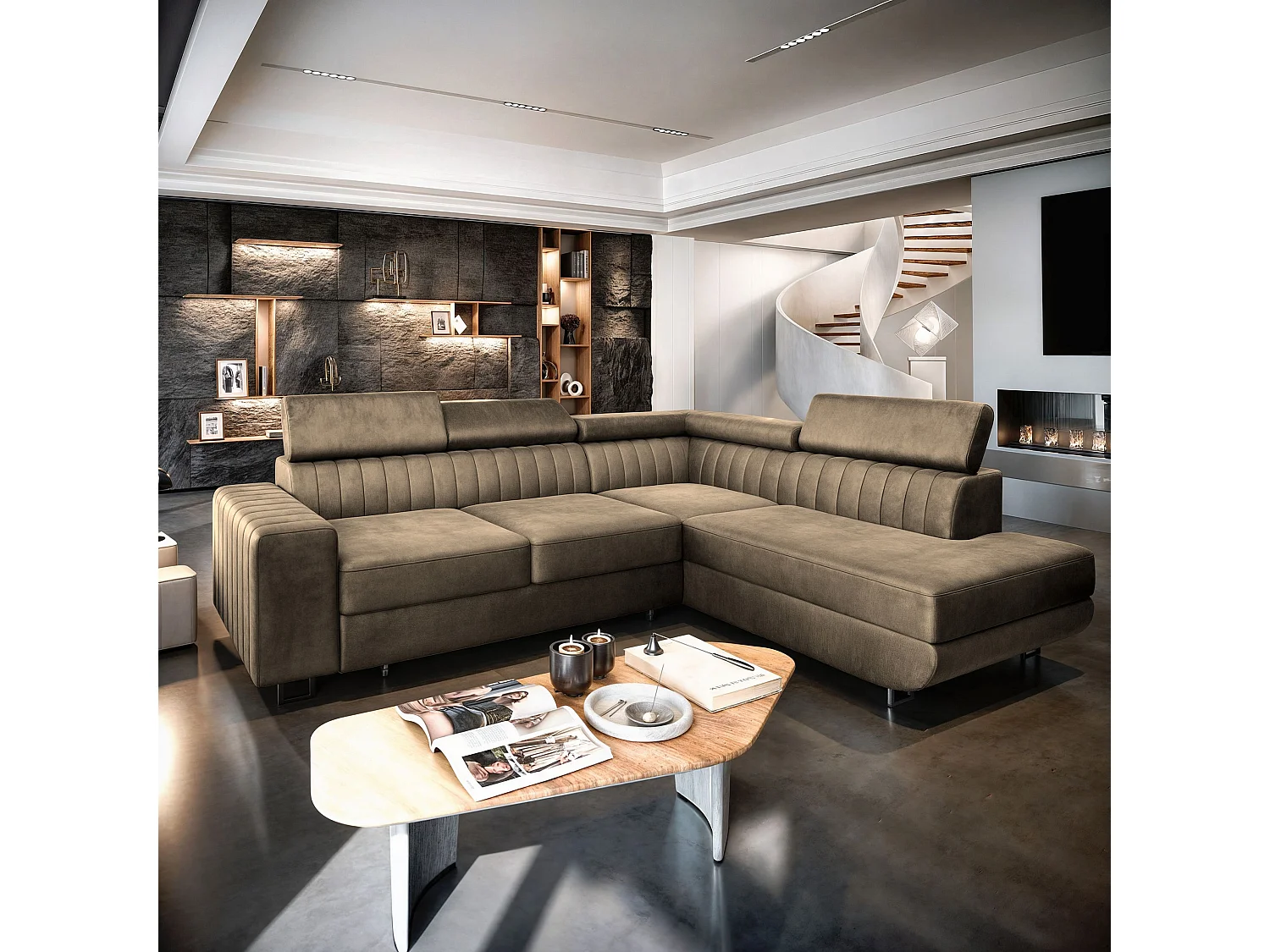 Canapé d'angle NOLA Beige en velours avec fonction de couchage