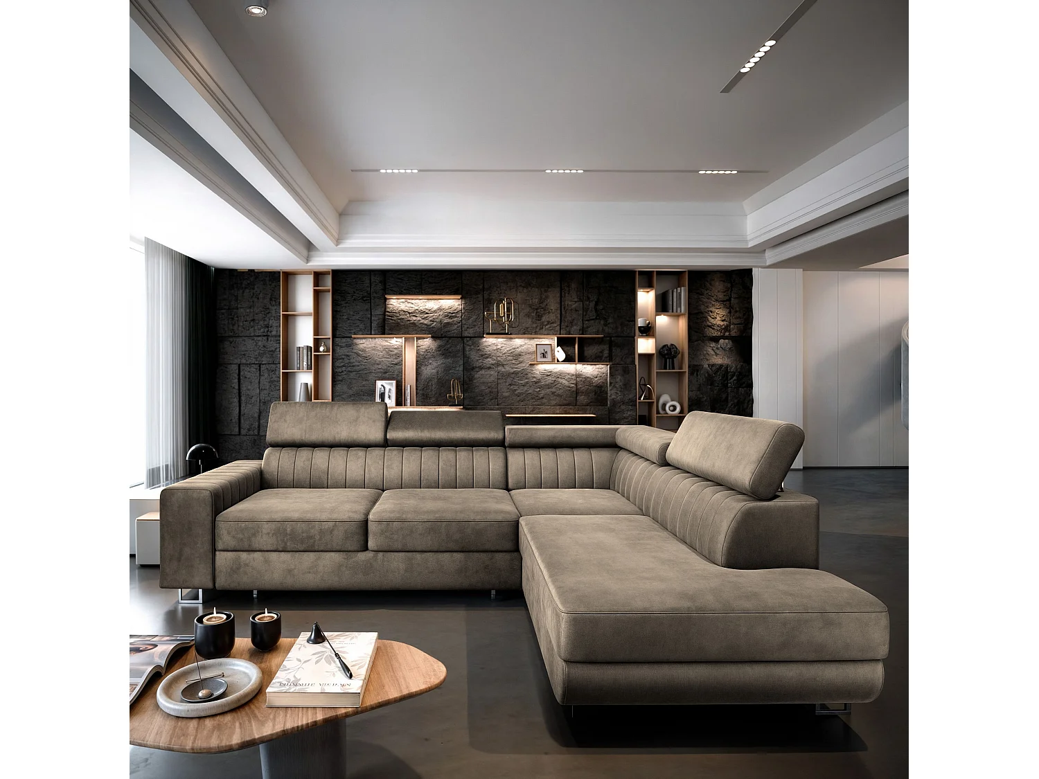 Canapé d'angle NOLA Beige en velours avec fonction de couchage