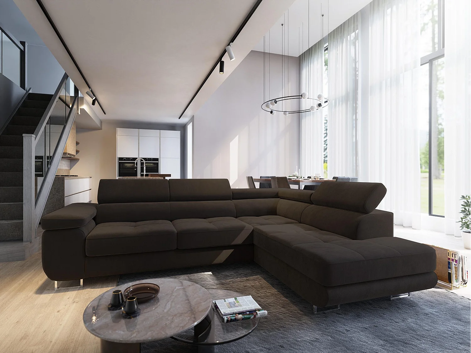 Hoekbank SELVA van fluweel met slaapfunctie Braun