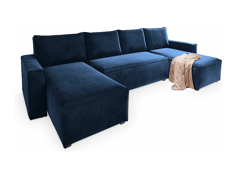 Canapé d'angle DENI Bleu en velours avec fonction de couchage