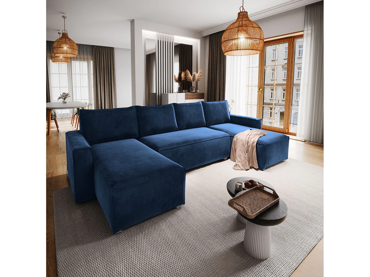 Canapé d'angle DENI Bleu en velours avec fonction de couchage