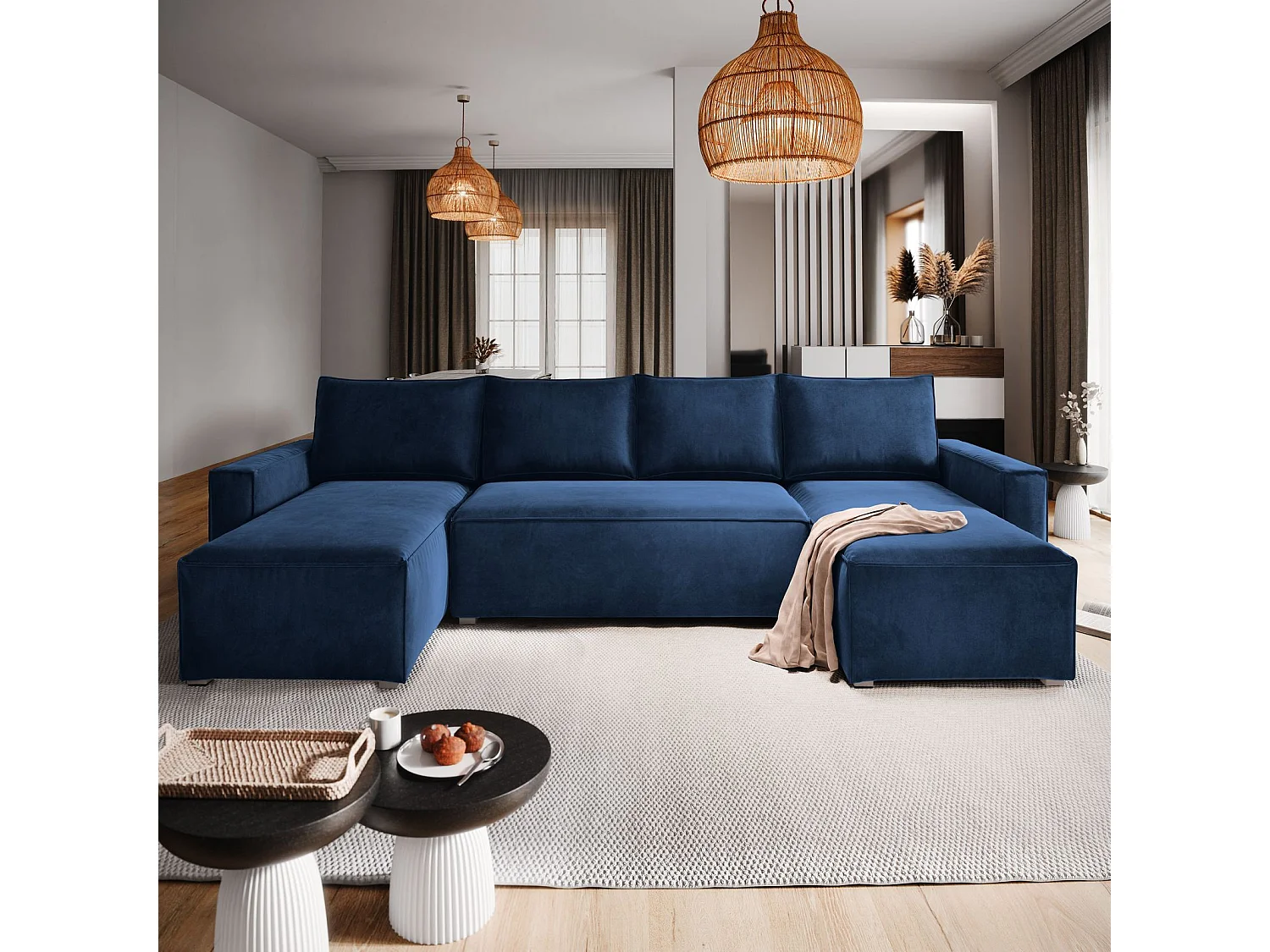 Canapé d'angle DENI Bleu en velours avec fonction de couchage