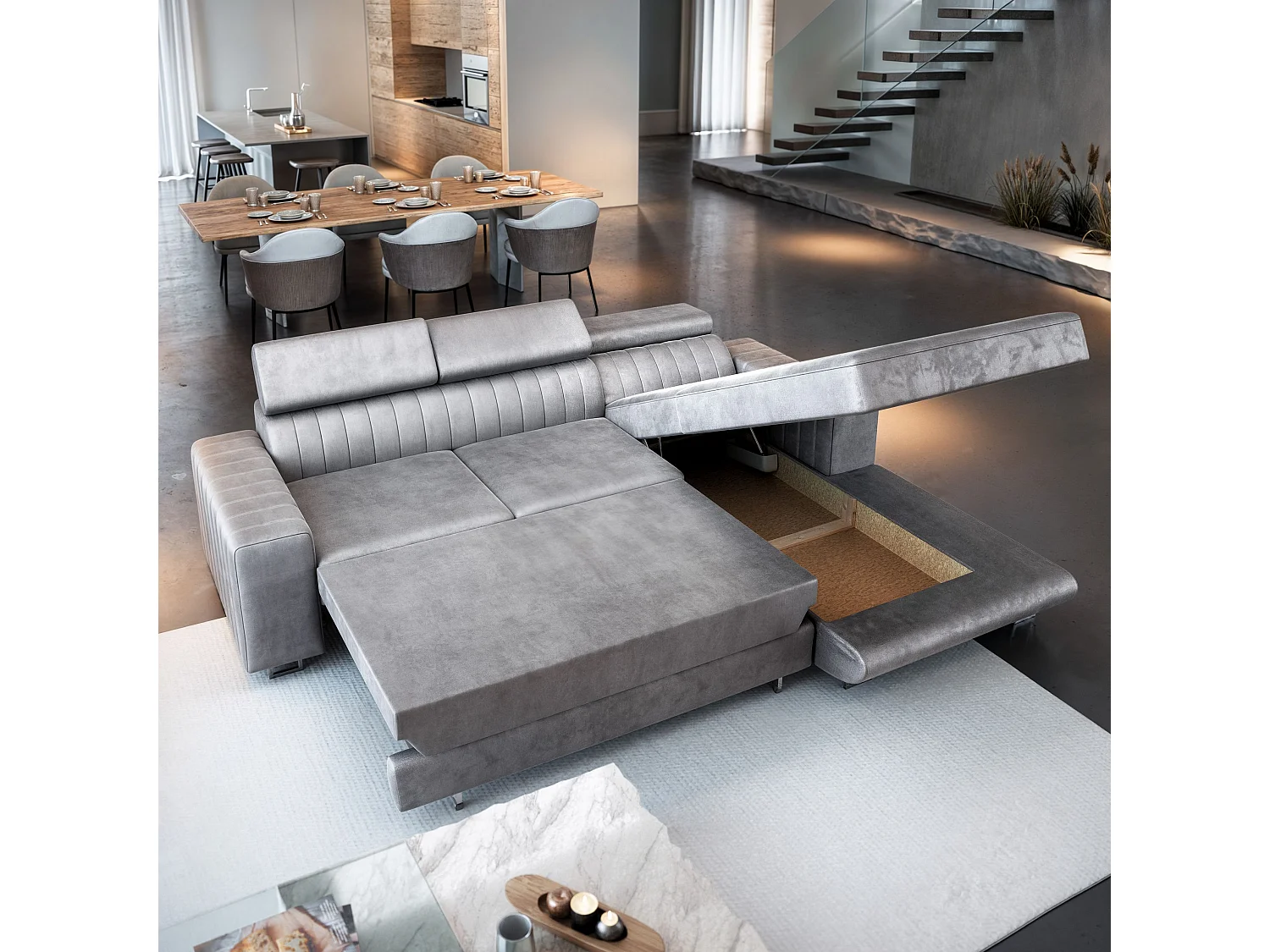 Canapé d'angle NOTO Gris en velours avec fonction de couchage