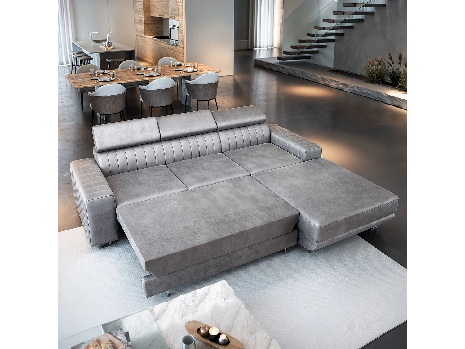 Canapé d'angle NOTO Gris en velours avec fonction de couchage