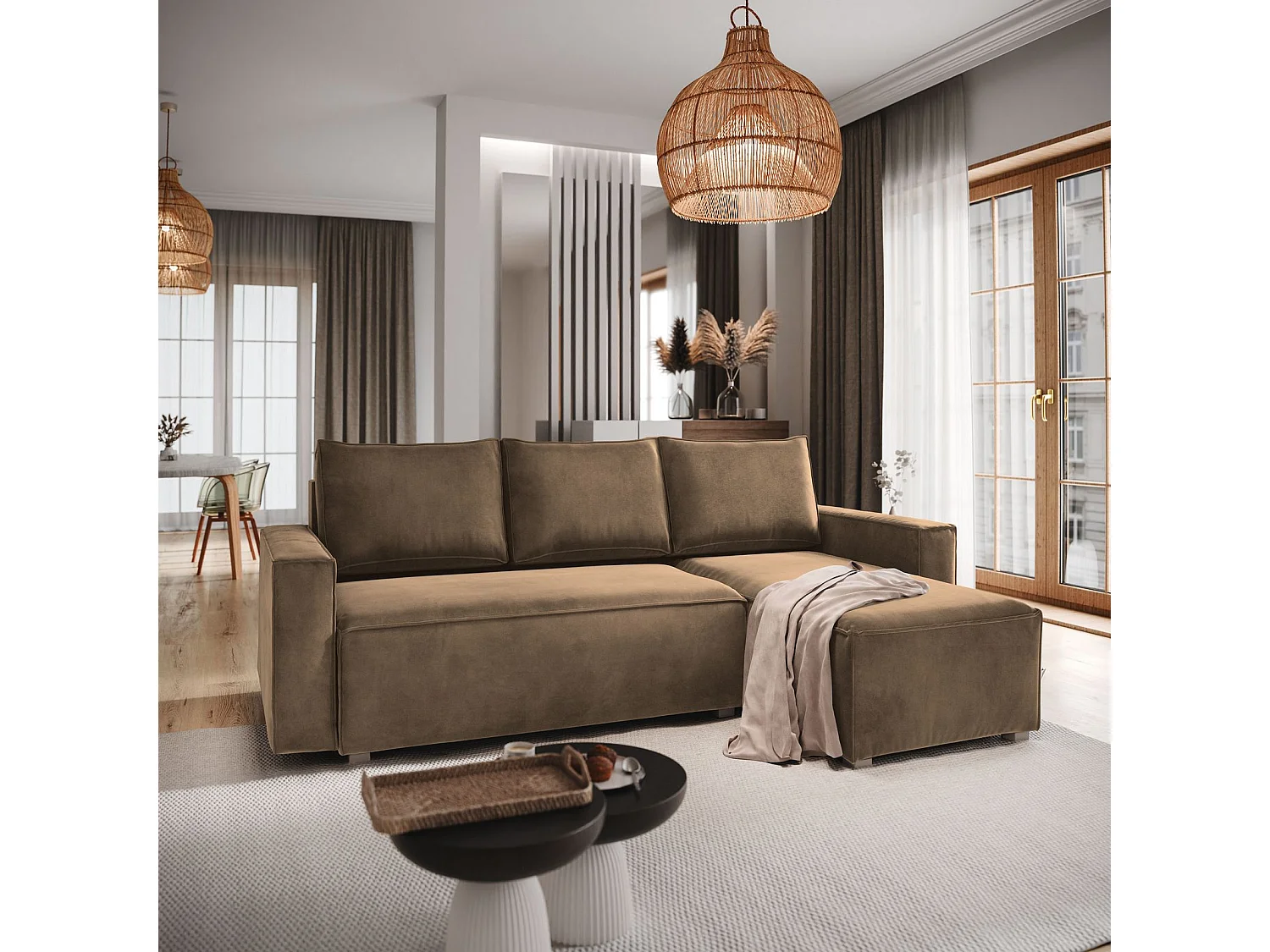 Canapé d'angle SILES Beige en velours avec fonction de couchage