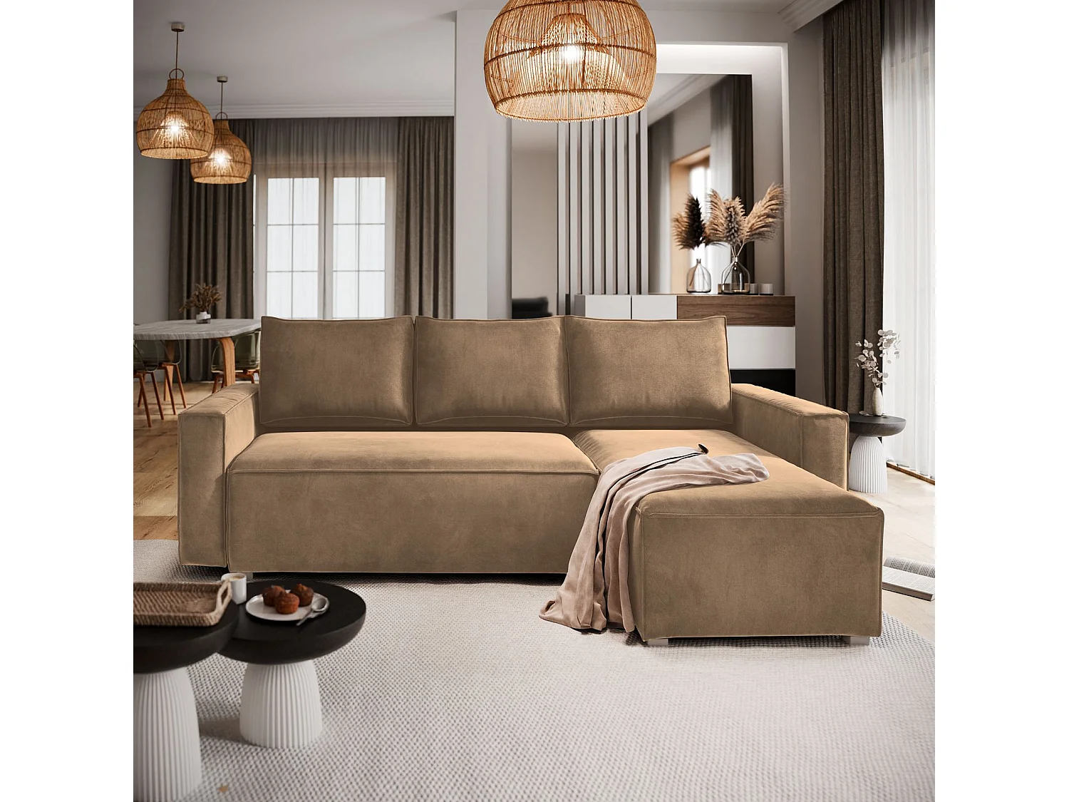 Canapé d'angle SILES Beige en velours avec fonction de couchage