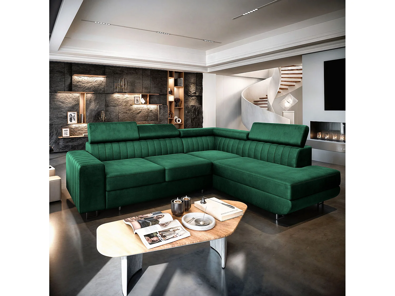 Canapé d'angle NOLA Vert Sapin en velours avec fonction de couchage