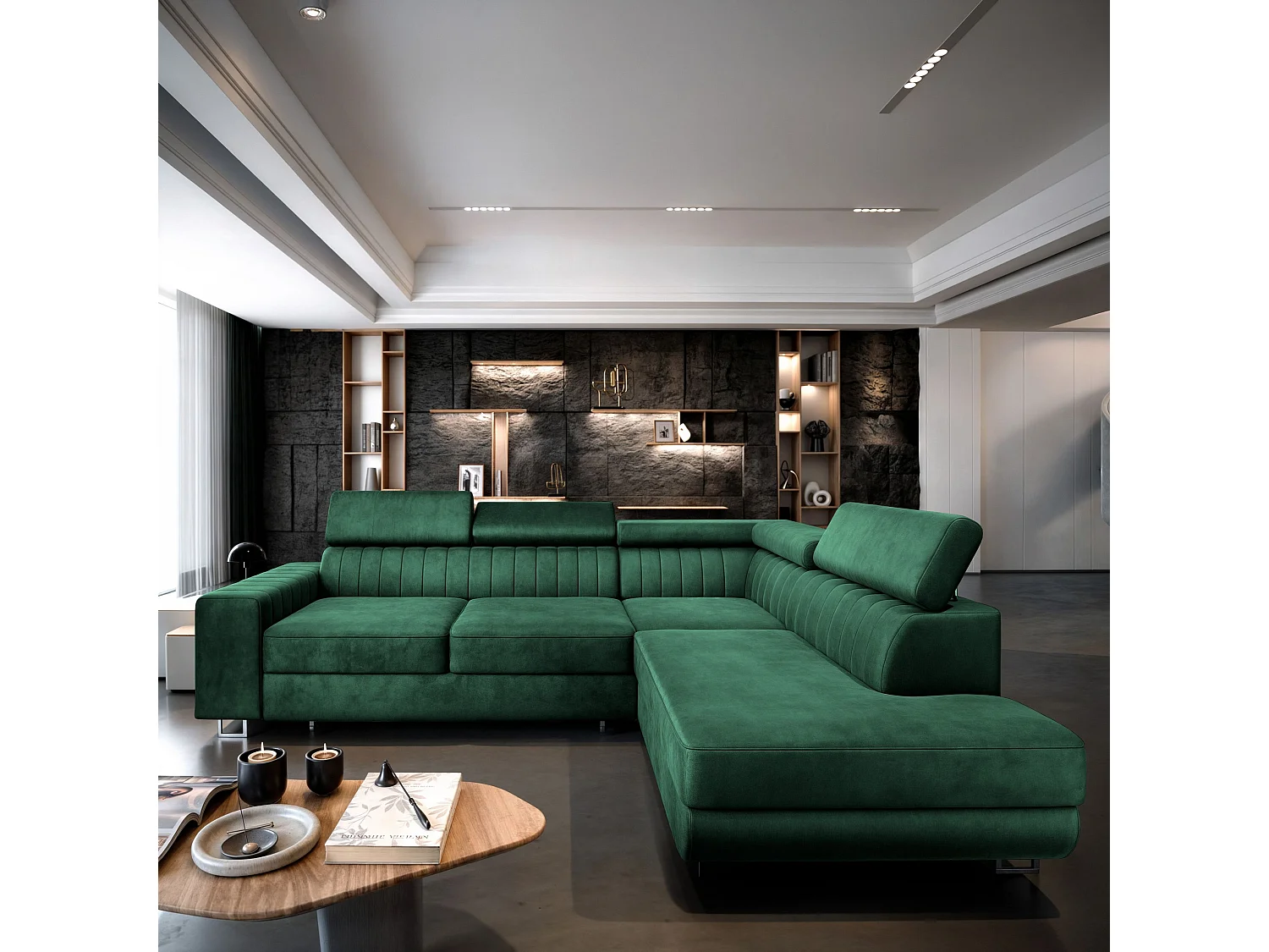 Canapé d'angle NOLA Vert Sapin en velours avec fonction de couchage