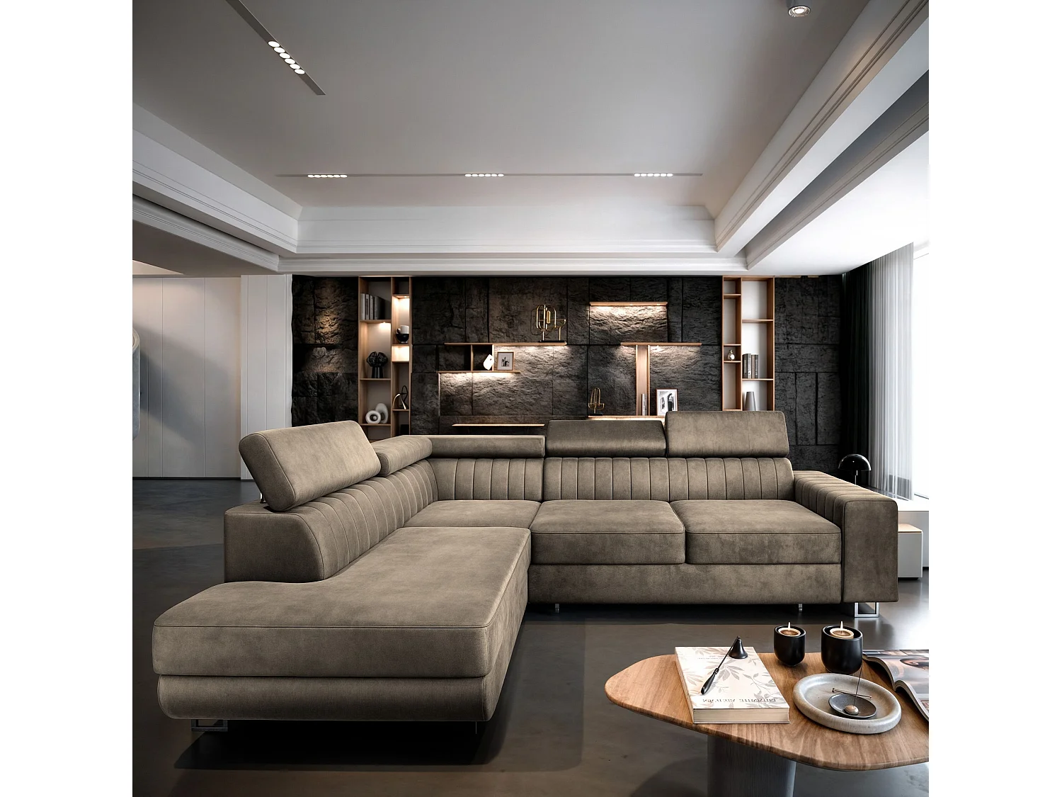 Hoekbank NOLA van fluweel met slaapfunctie Beige