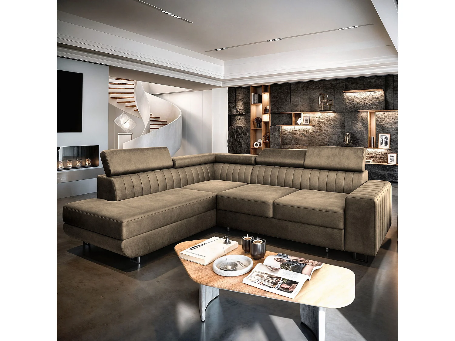 Canapé d'angle NOLA Beige en velours avec fonction de couchage