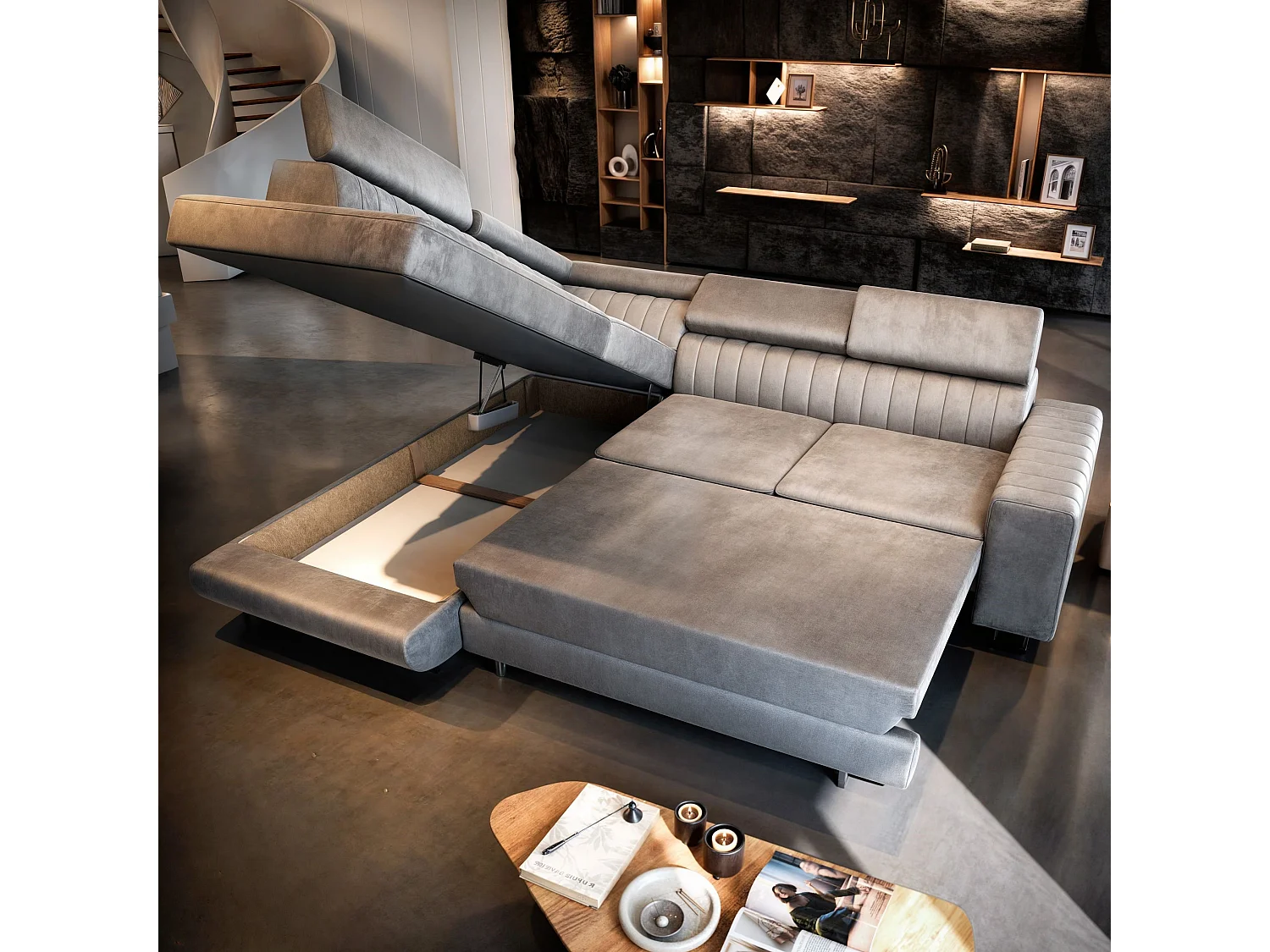 Canapé d'angle NOLA Beige en velours avec fonction de couchage