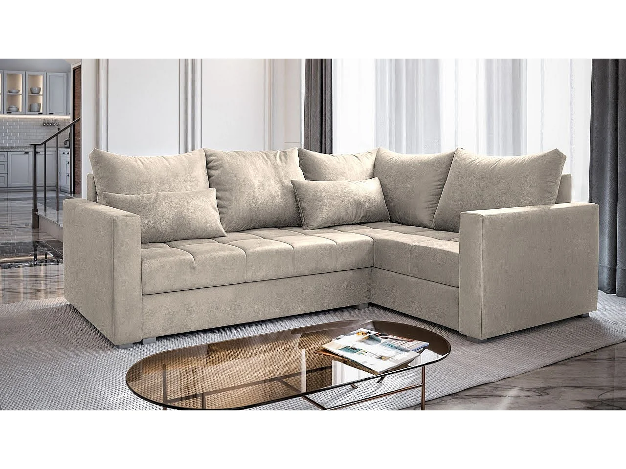 Canapé d'angle LIRENO Beige en peluche avec fonction de couchage