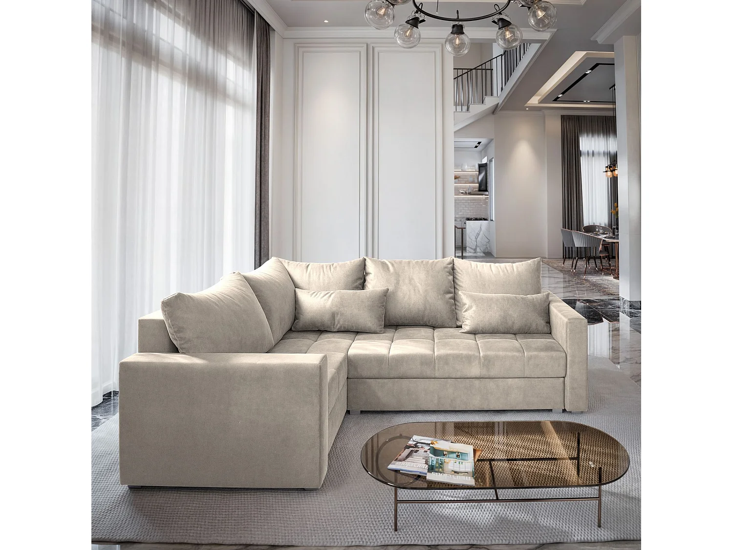 Canapé d'angle LIRENO Beige en peluche avec fonction de couchage