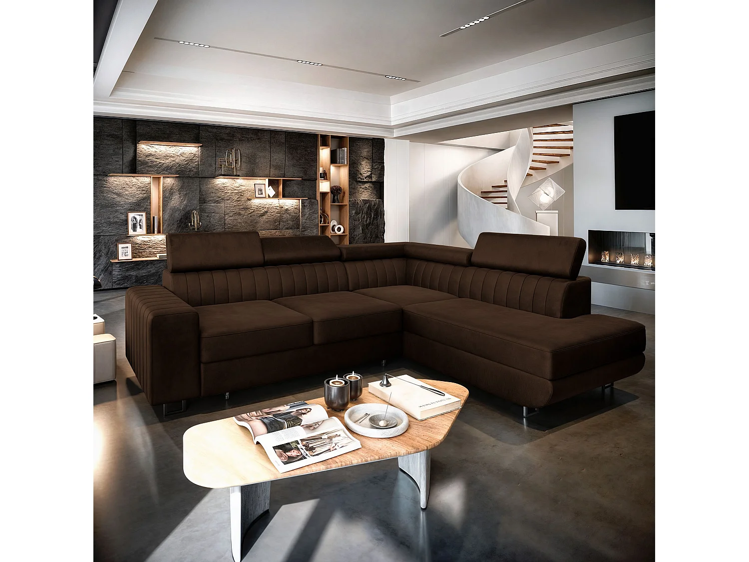 Canapé d'angle NOLA Marron en velours avec fonction de couchage