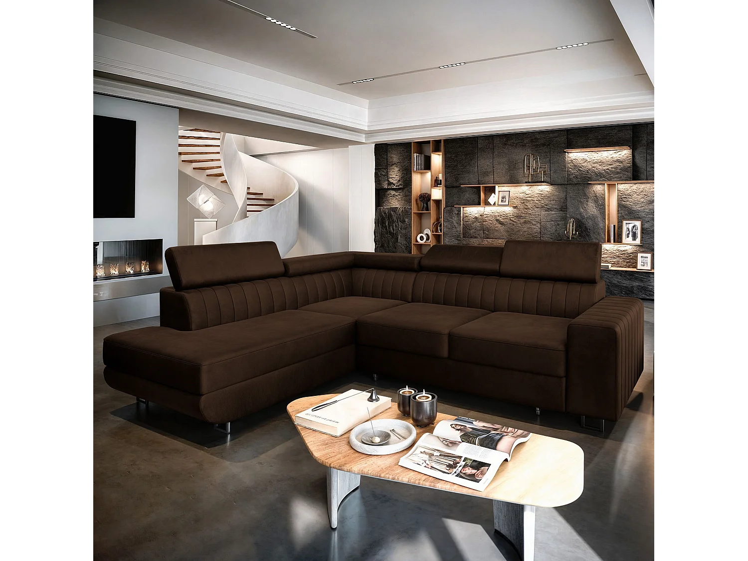 Canapé d'angle NOLA Marron en velours avec fonction de couchage