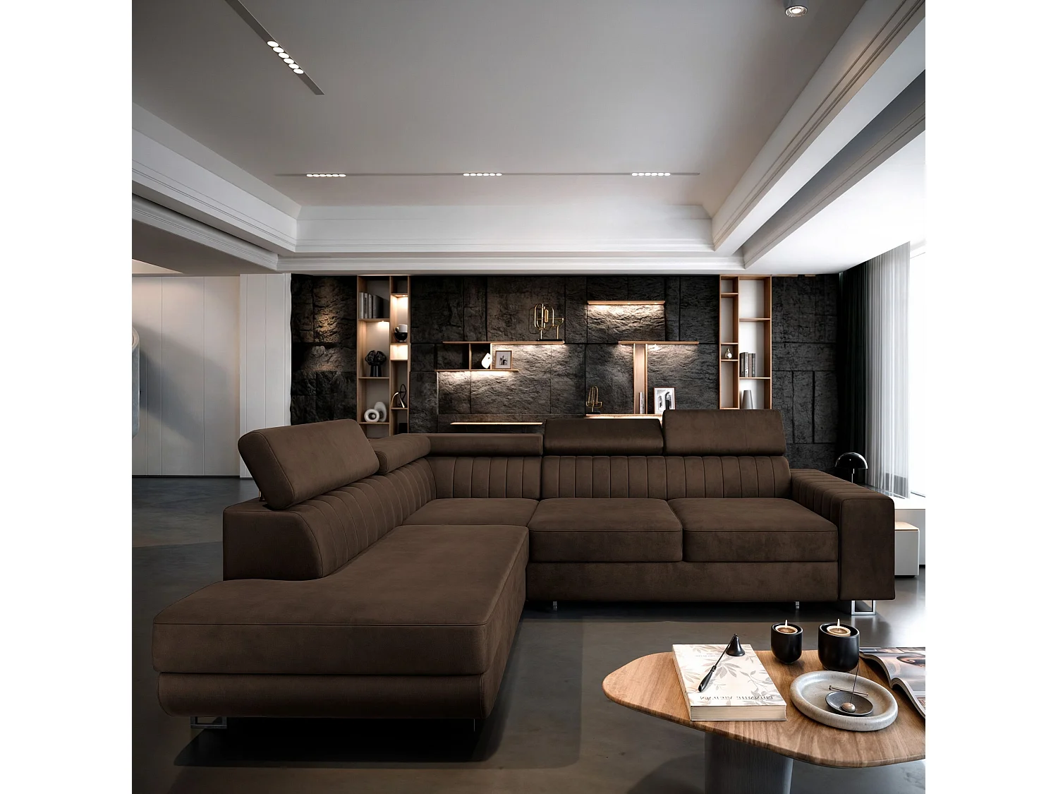 Canapé d'angle NOLA Marron en velours avec fonction de couchage