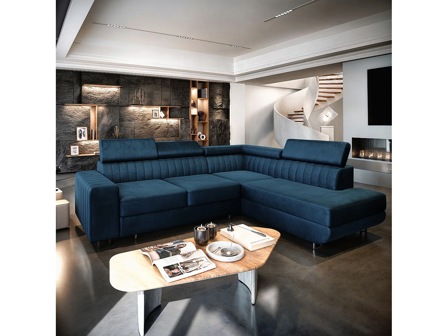 Canapé d'angle NOLA Bleu en velours avec fonction de couchage