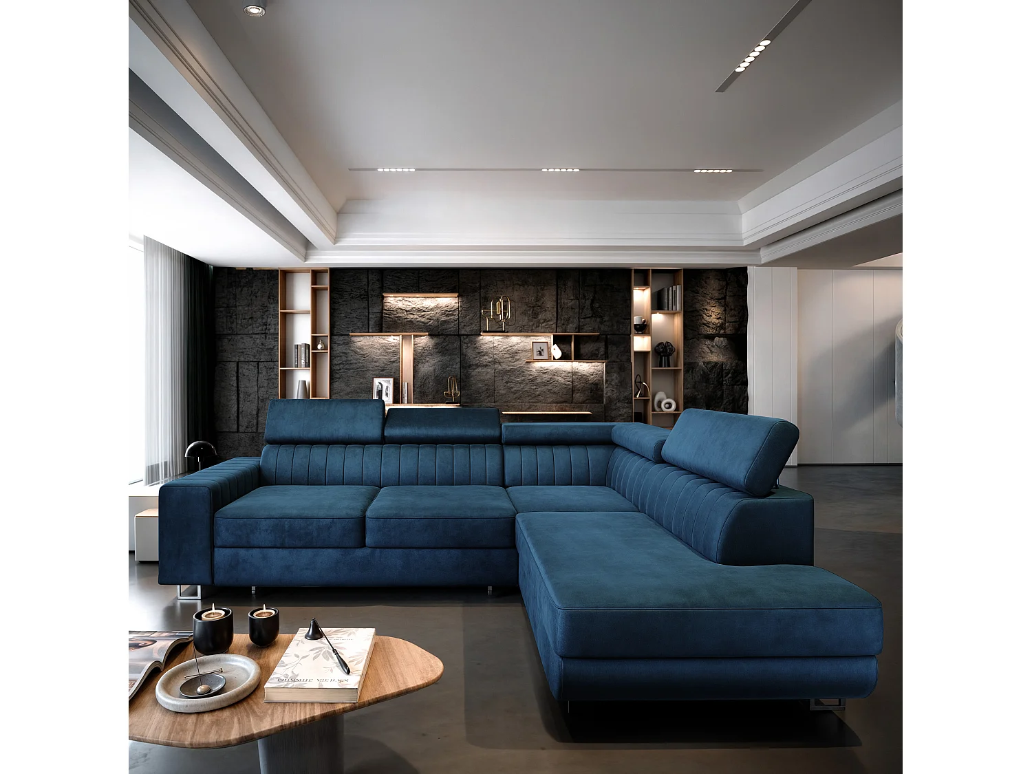 Canapé d'angle NOLA Bleu en velours avec fonction de couchage