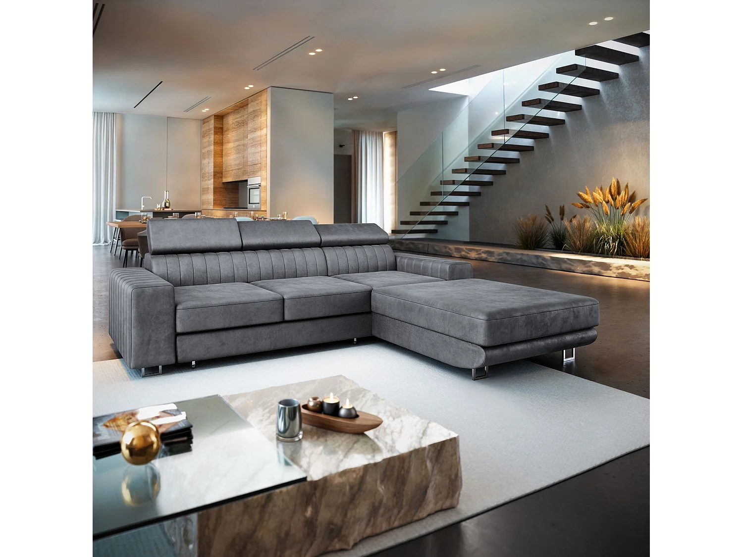 Canapé d'angle NOTO Gris en velours avec fonction de couchage