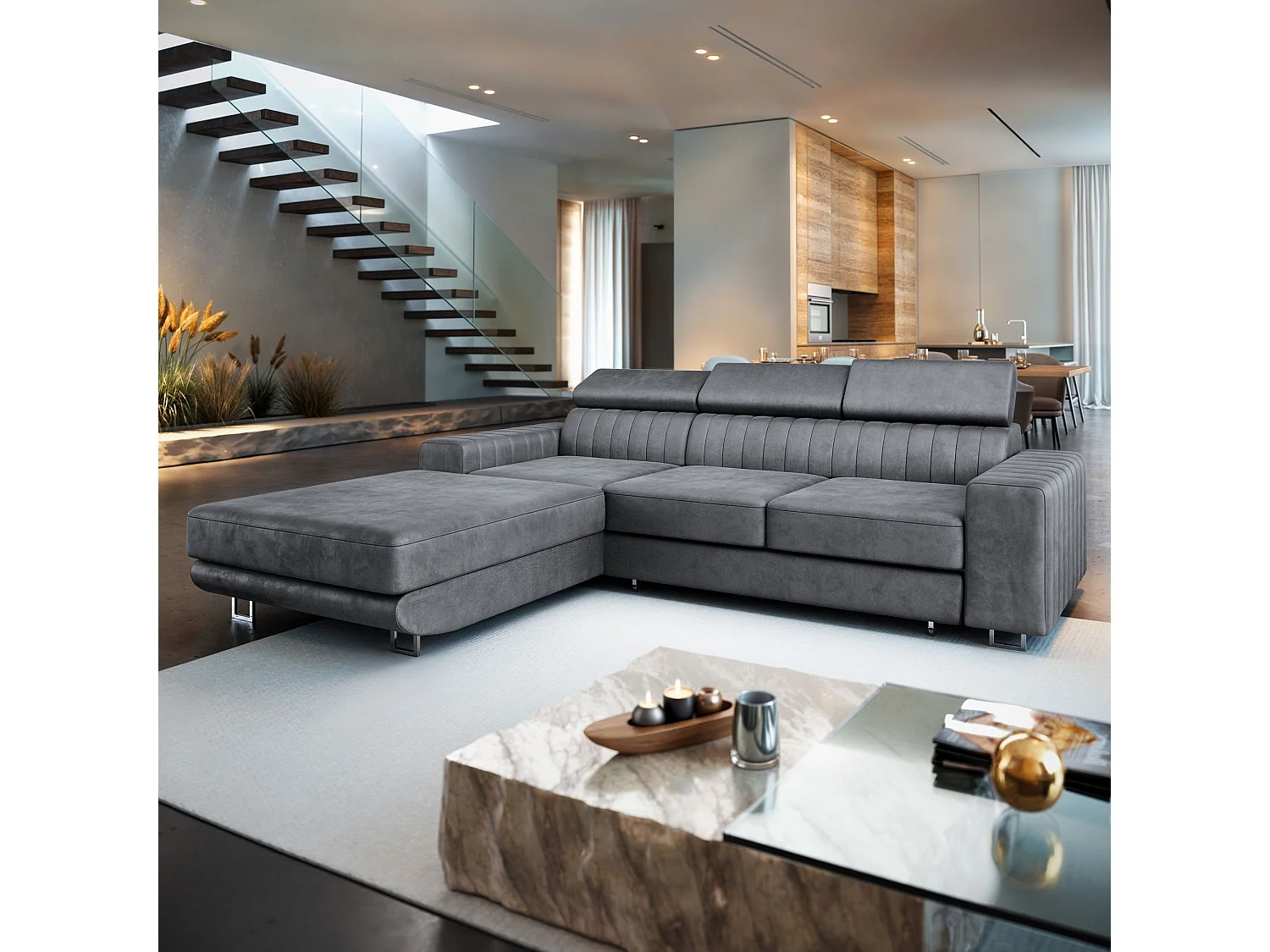 Canapé d'angle NOTO Gris en velours avec fonction de couchage