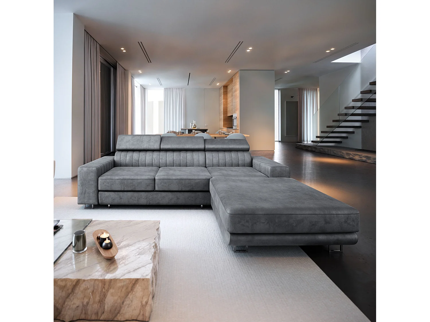 Canapé d'angle NOTO Gris en velours avec fonction de couchage