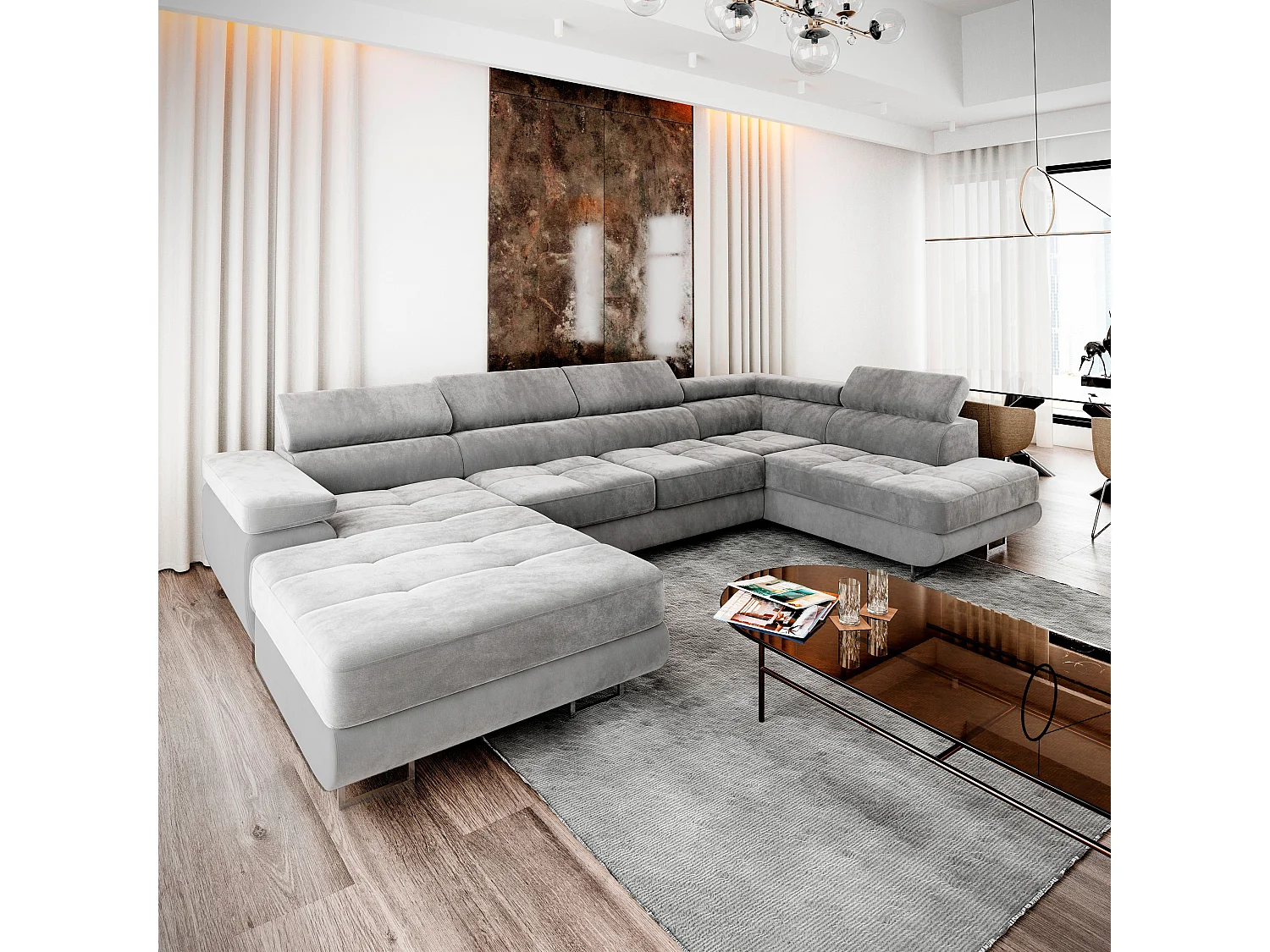 Canapé d'angle CASONE Gris clair en velours avec fonction de couchage