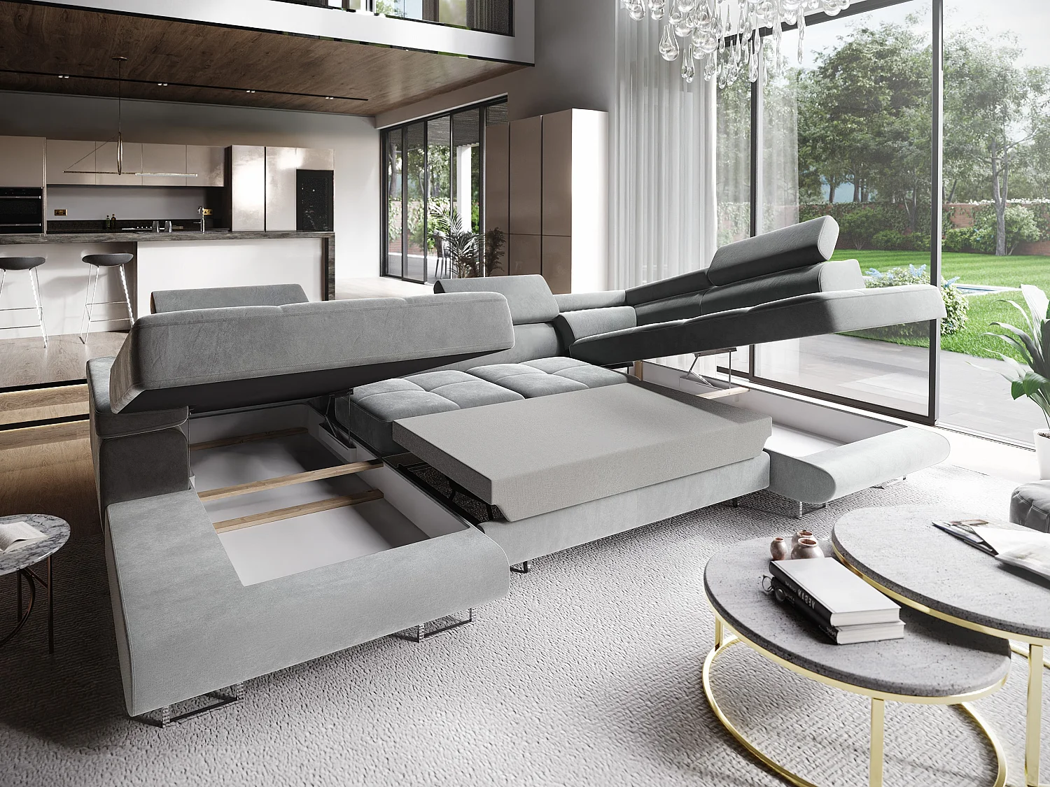 Canapé d'angle CASONE Gris clair en velours avec fonction de couchage