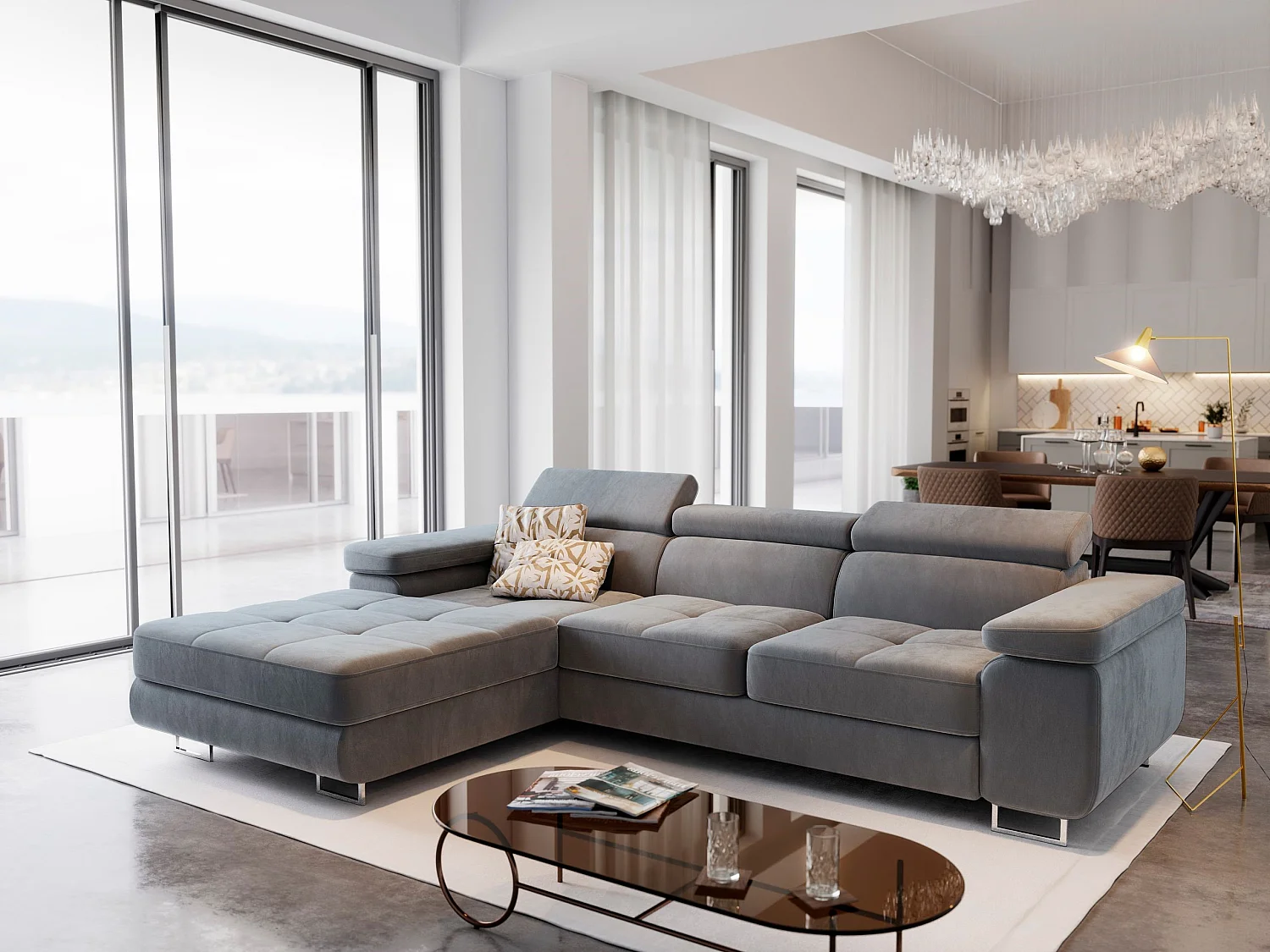 Canapé d'angle ELMA Gris clair en velours avec fonction de couchage