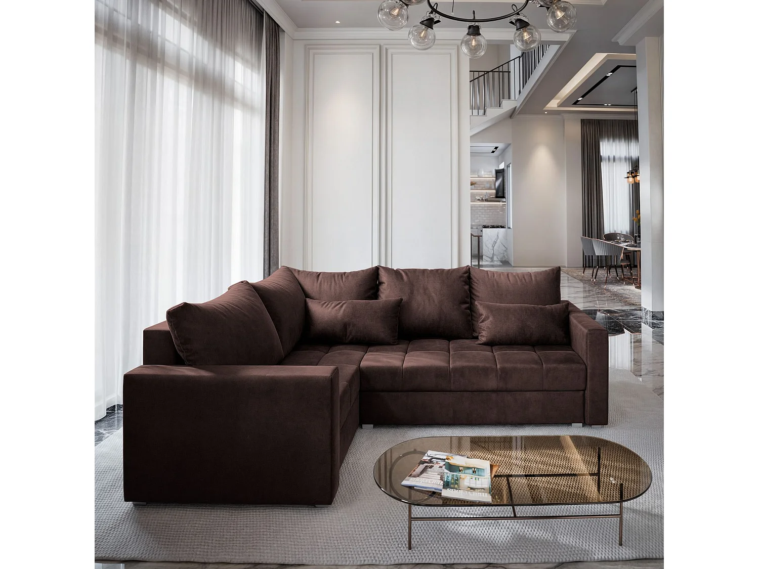 Canapé d'angle LIRENO Marron en peluche avec fonction de couchage