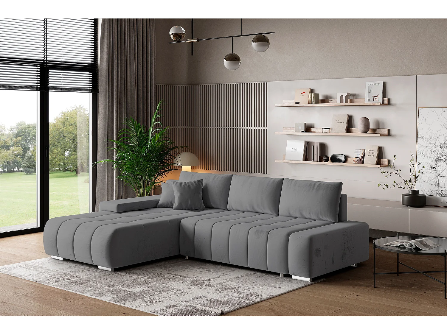 Canapé d'angle ALESE Gris en velours avec fonction de couchage