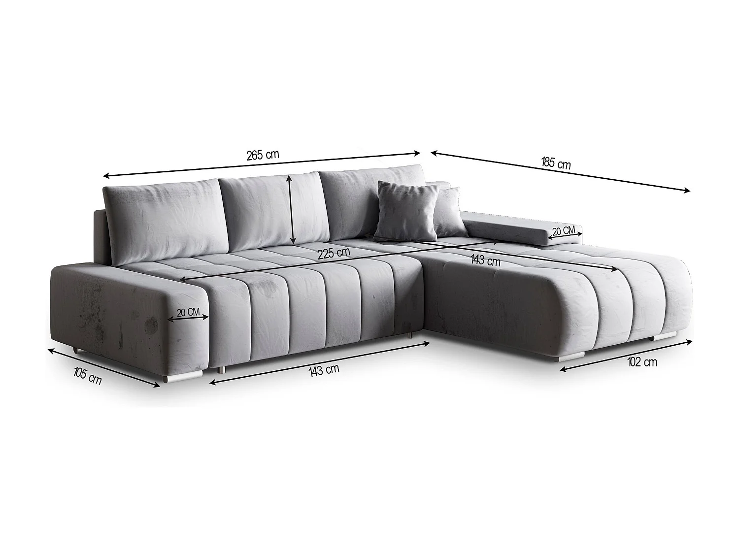 Canapé d'angle ALESE Gris en velours avec fonction de couchage