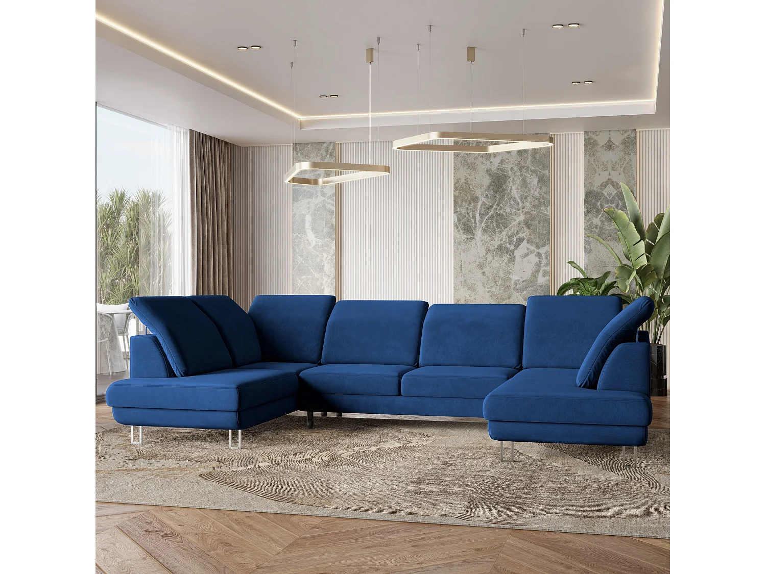 Canapé d'angle TERAMO Bleu en velours avec fonction de couchage