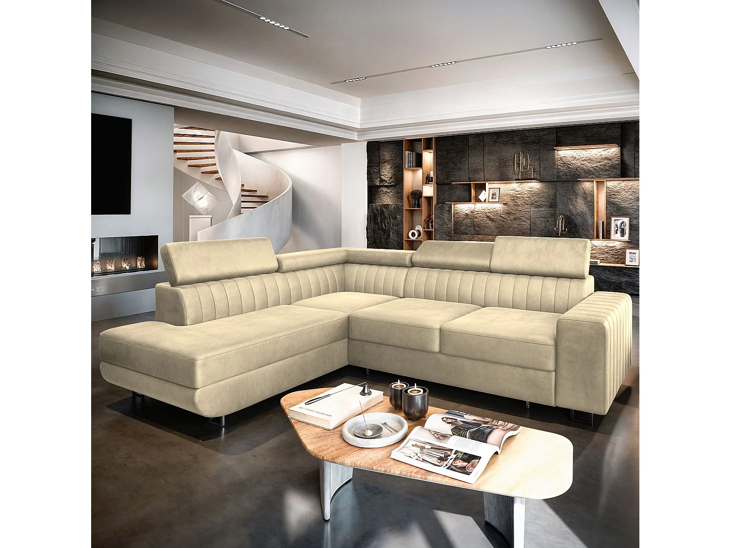 Canapé d'angle NOLA Crème en velours avec fonction de couchage