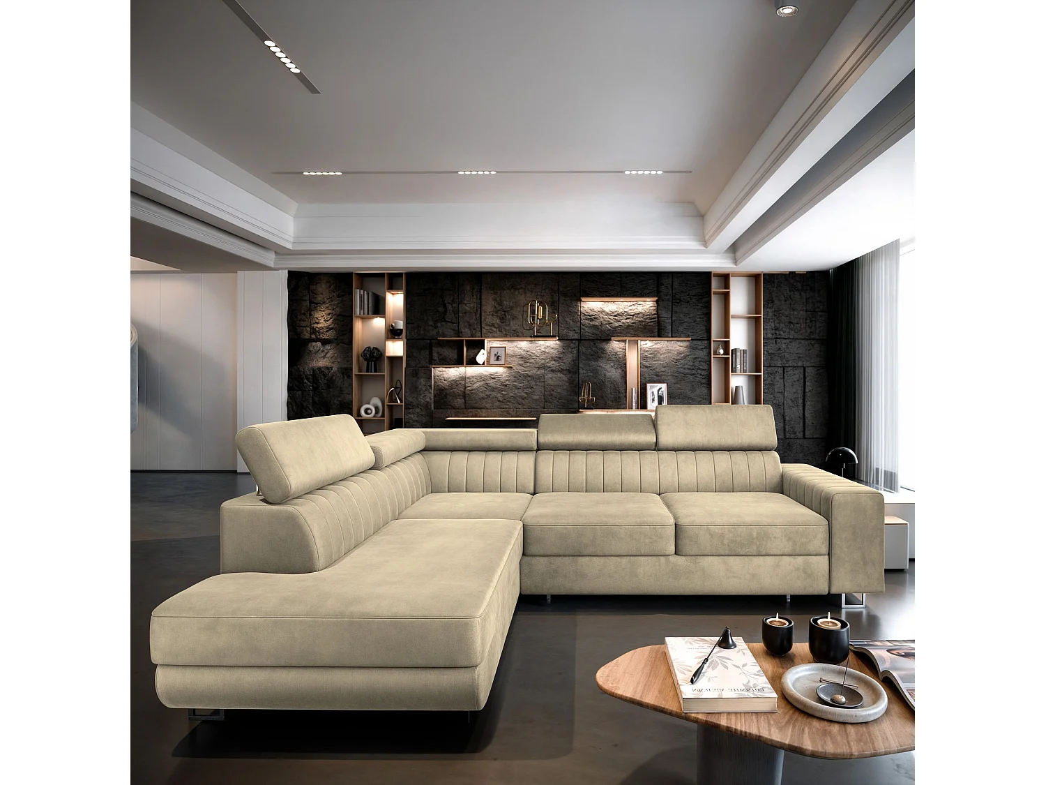 Canapé d'angle NOLA Crème en velours avec fonction de couchage