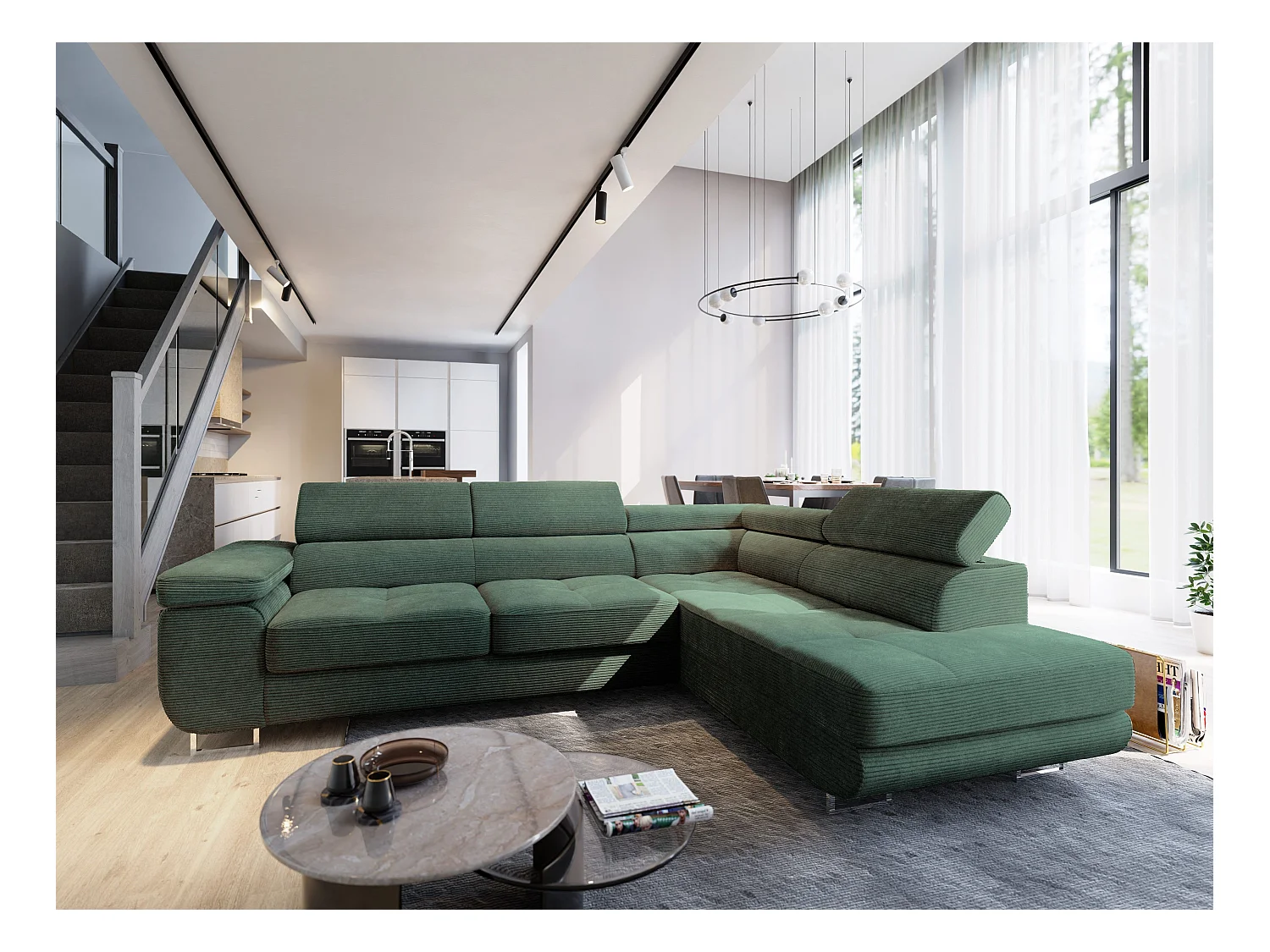 Canapé d'angle APIRO Vert en velours côtelé avec fonction de couchage