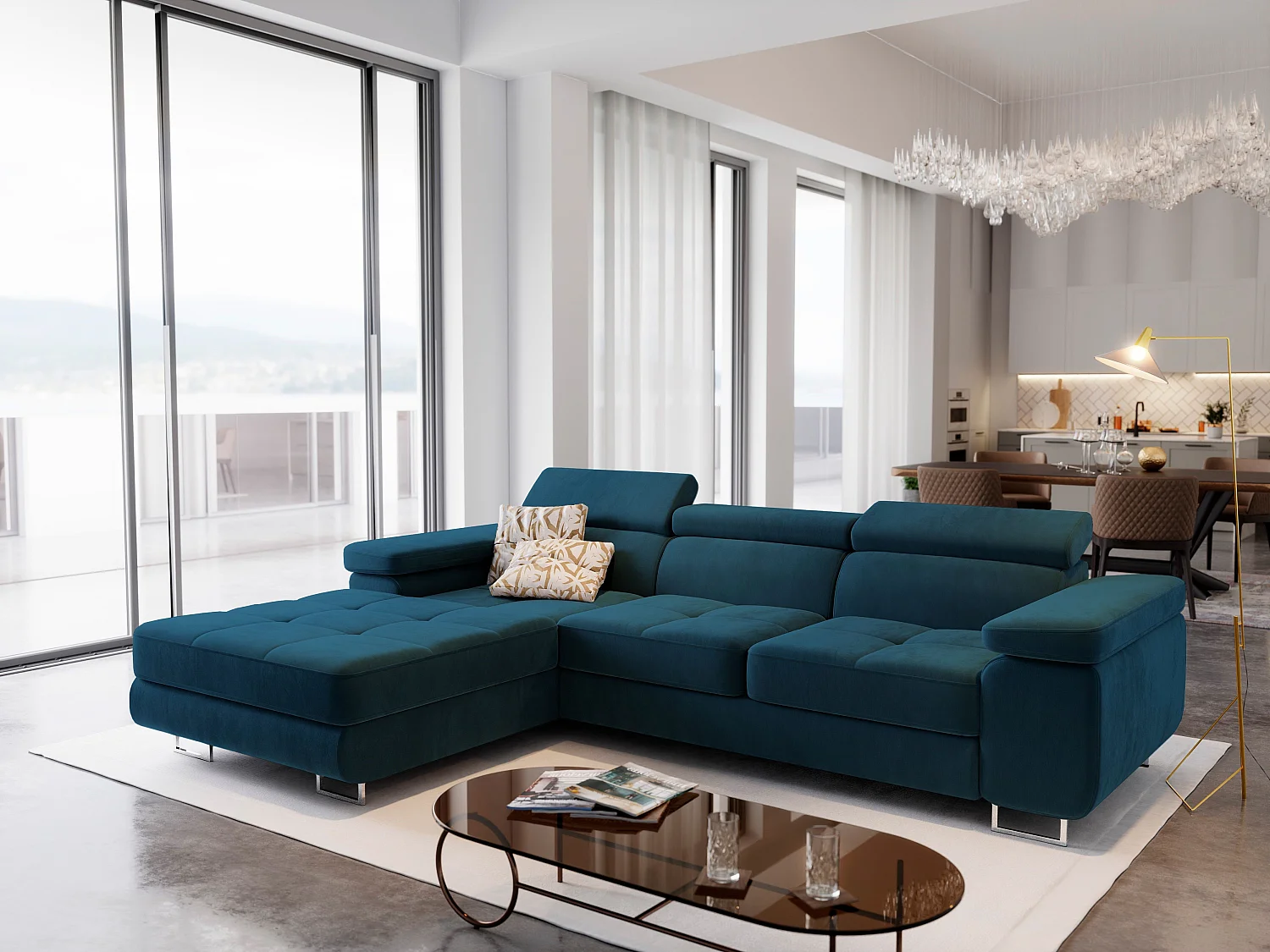 Hoekbank ELMA van fluweel met slaapfunctie Blau