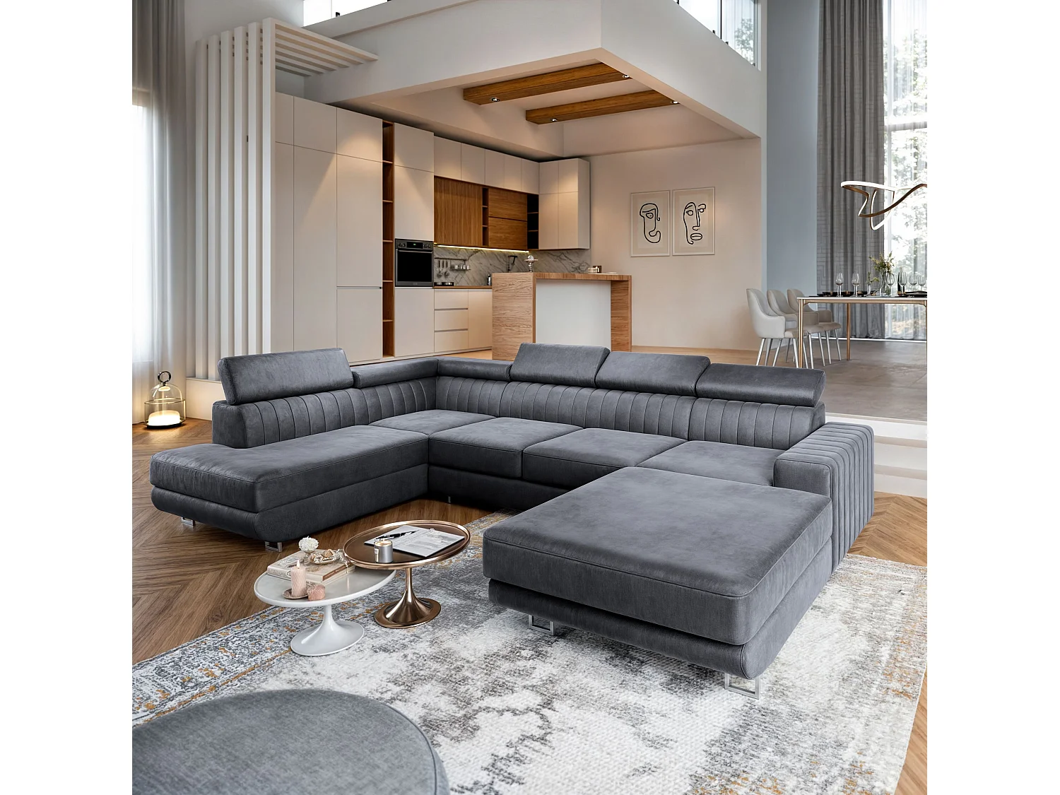 Canapé d'angle SIENA Gris en velours avec fonction de couchage