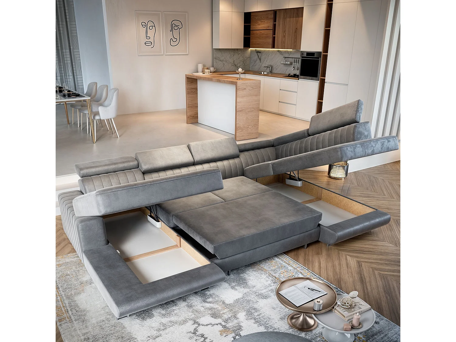 Canapé d'angle SIENA Gris en velours avec fonction de couchage