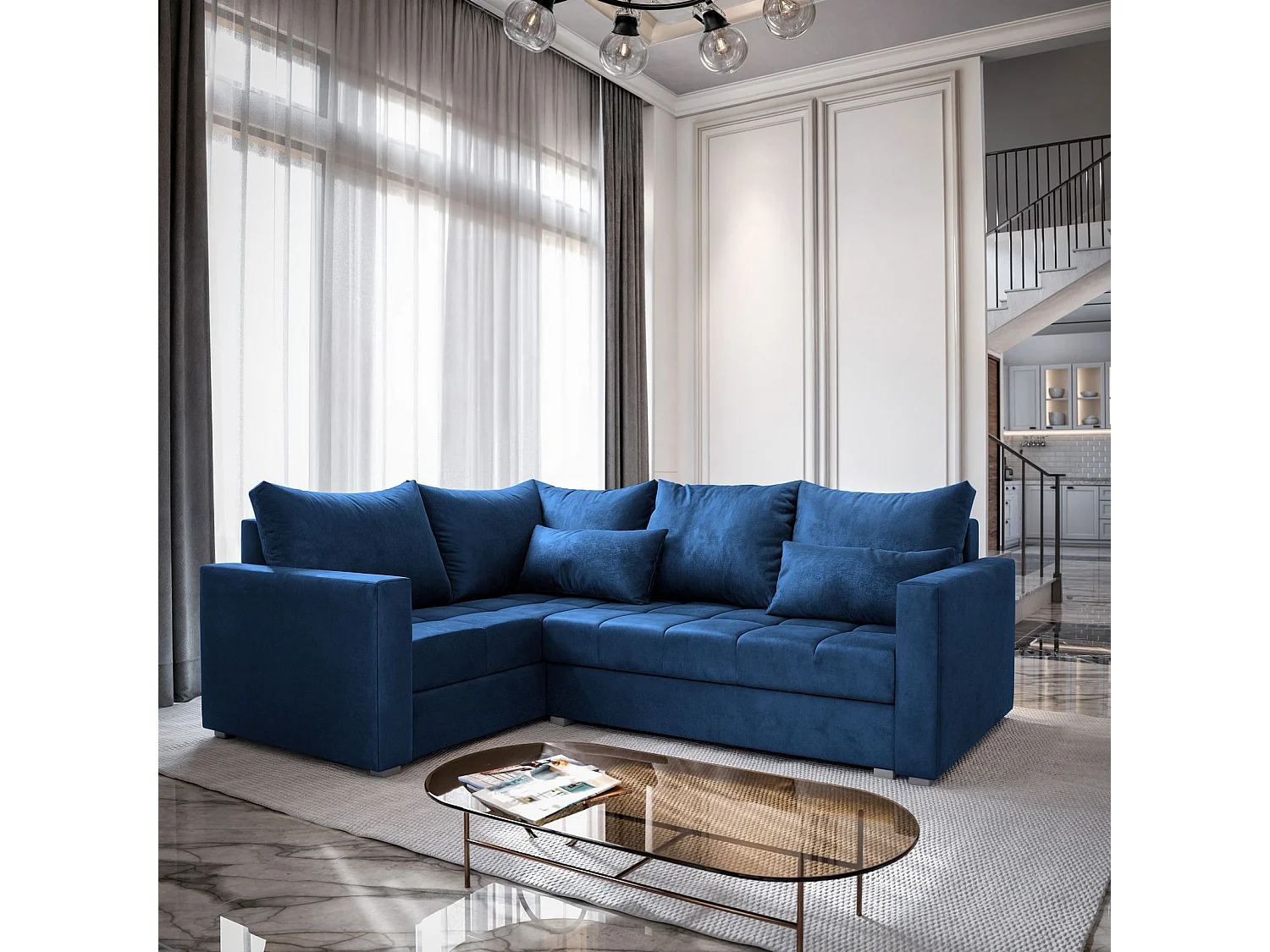 Canapé d'angle LIRENO Bleu en peluche avec fonction de couchage