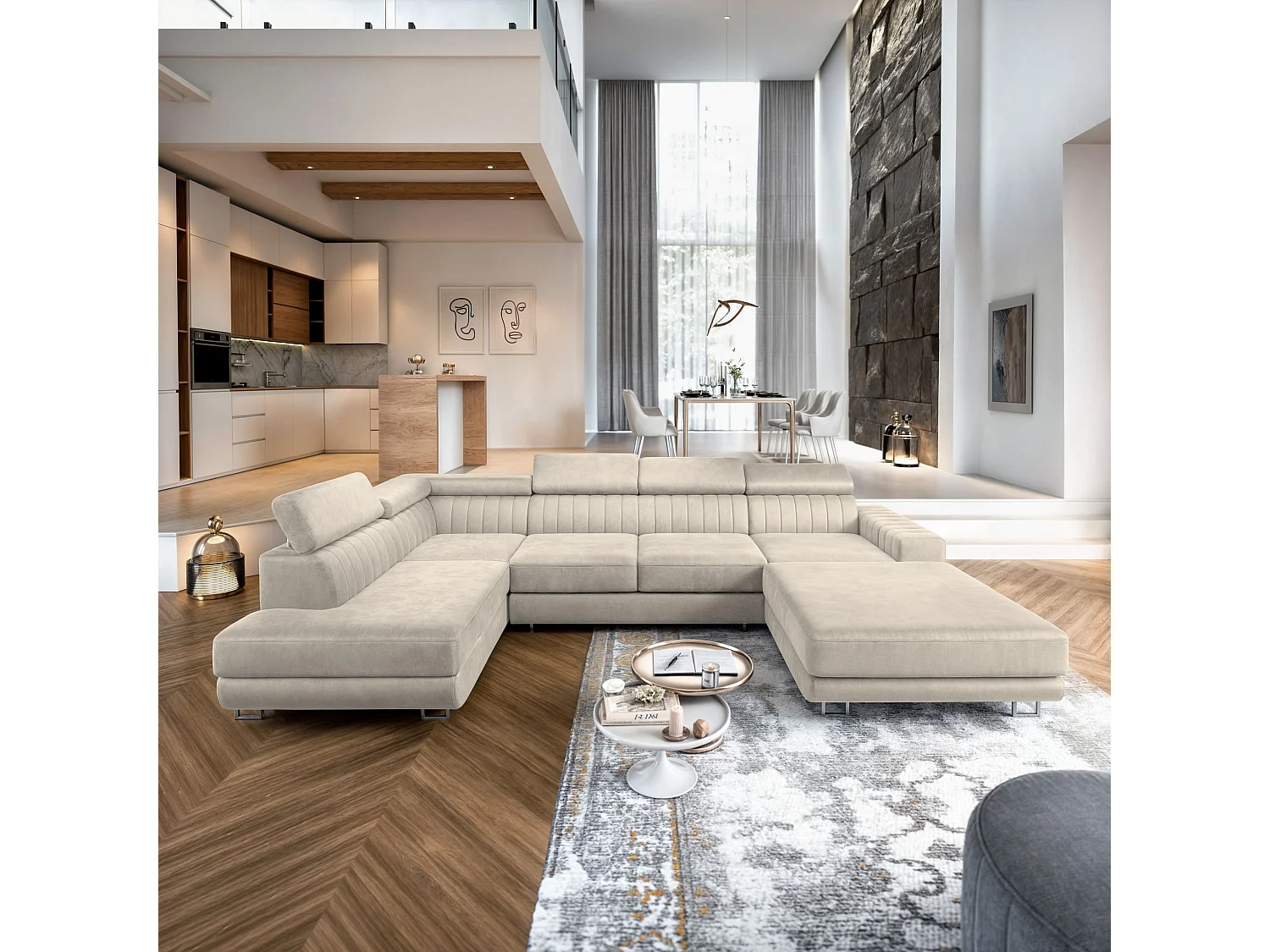 Hoekbank SIENA van fluweel met slaapfunctie Creme