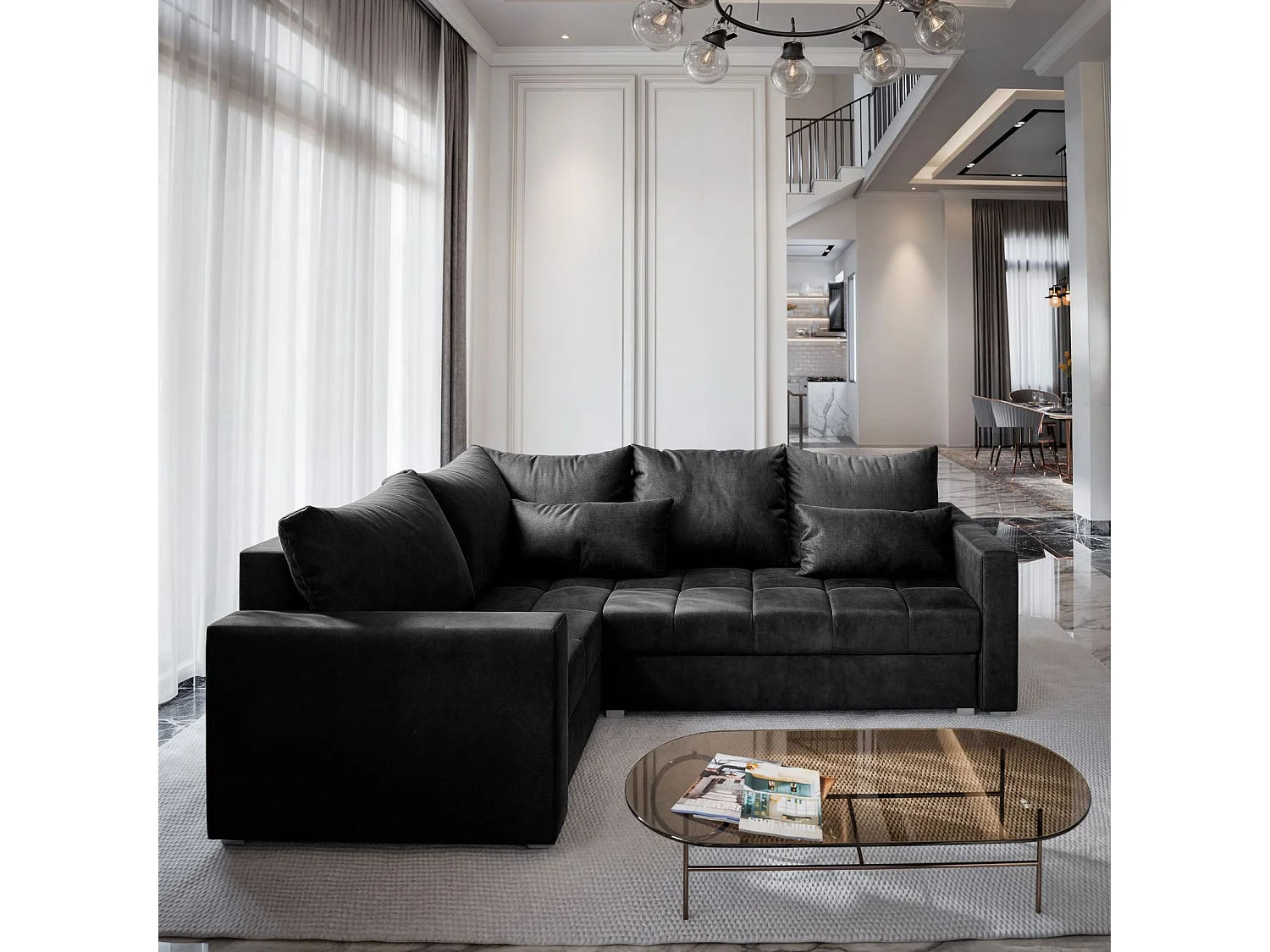 Canapé d'angle LIRENO Noir en peluche avec fonction de couchage