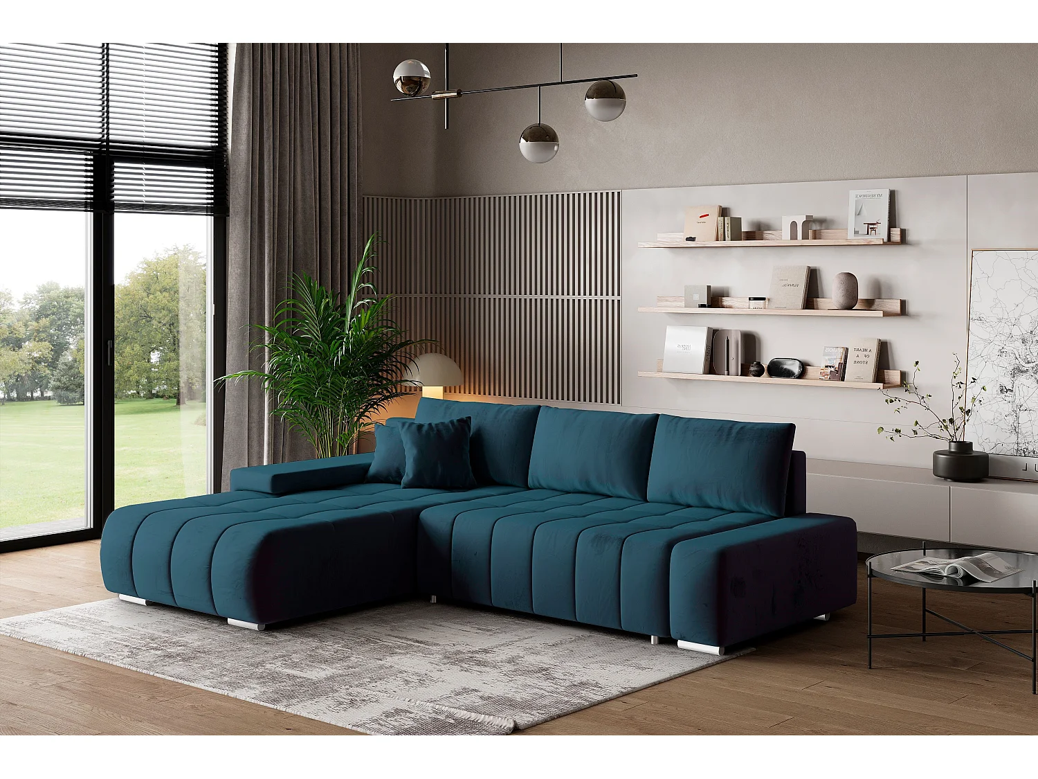 Canapé d'angle ALESE Bleu en velours avec fonction de couchage