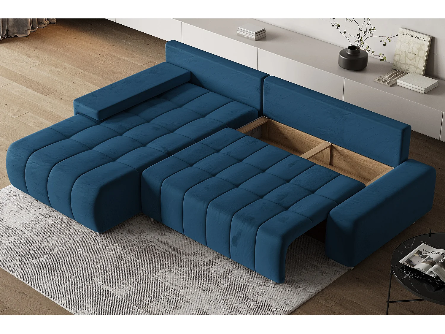 Hoekbank ALESE van fluweel met slaapfunctie Blau