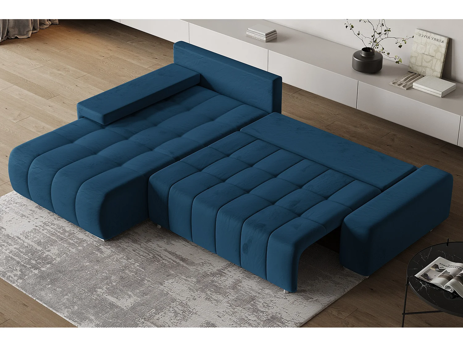 Hoekbank ALESE van fluweel met slaapfunctie Blau