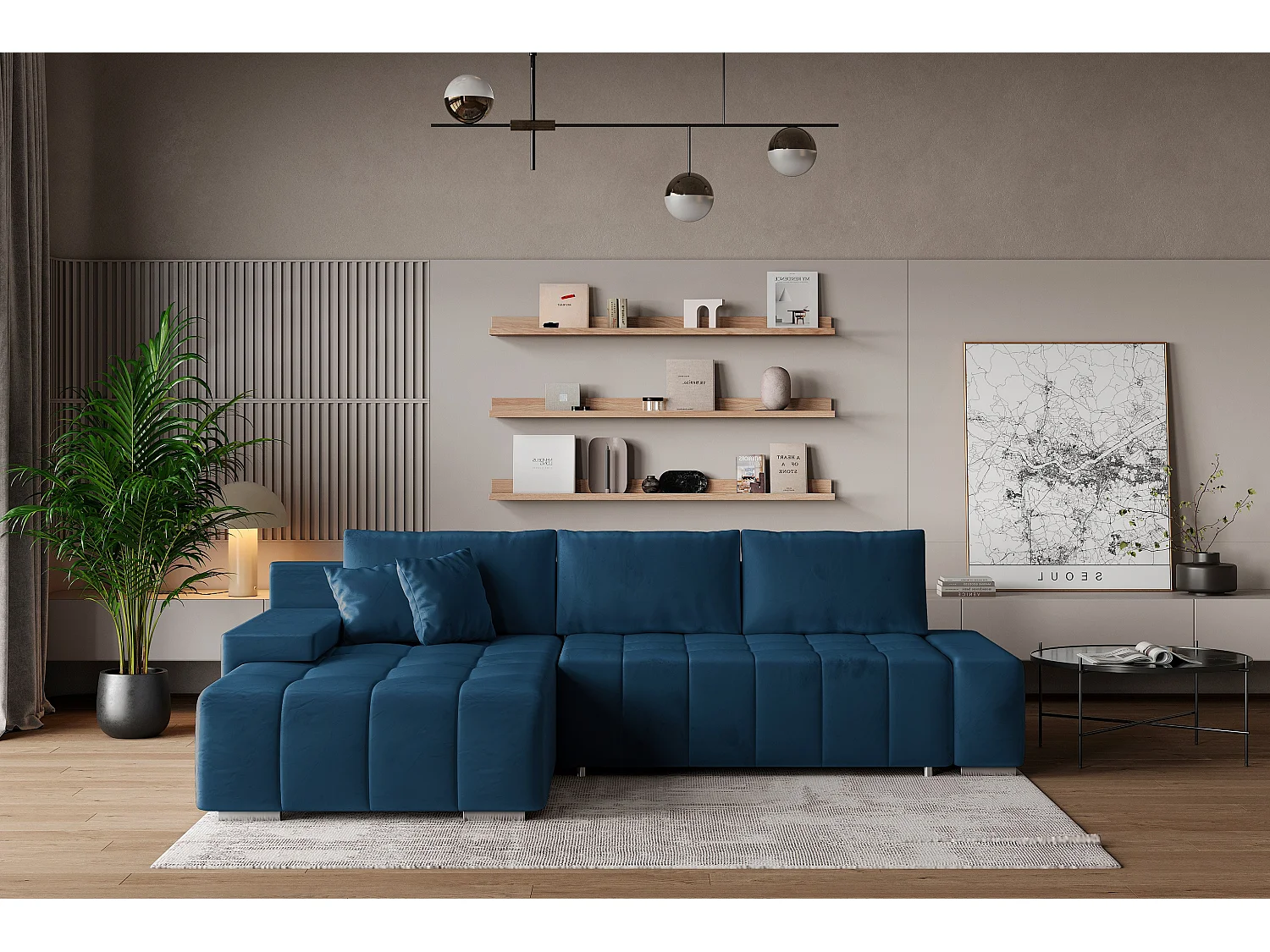 Hoekbank ALESE van fluweel met slaapfunctie Blau